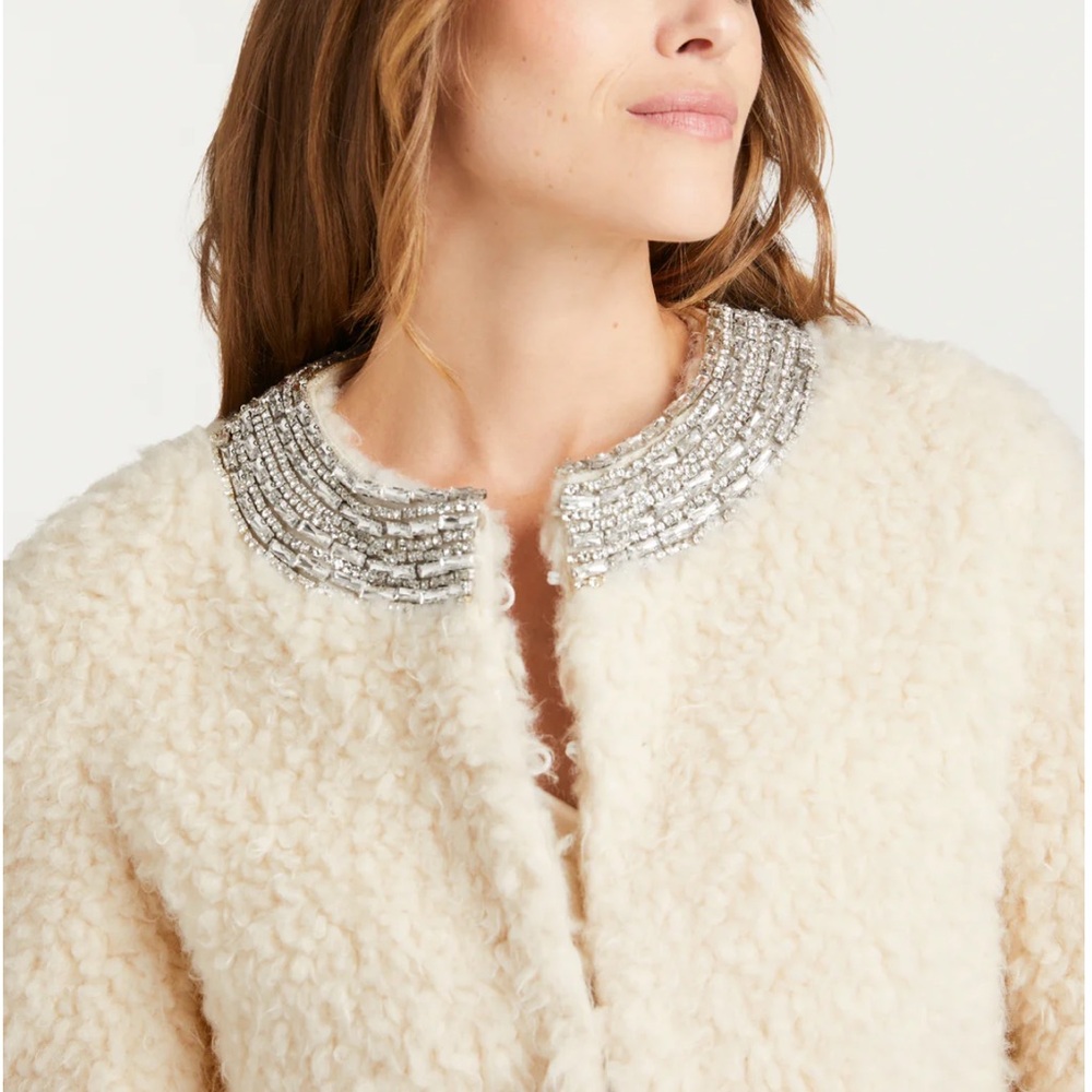 Cinq à Sept Cream Teddy Jacket with Silver Beaded Collar